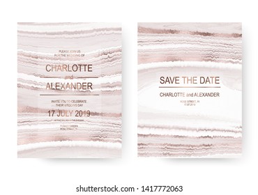 Agate crystal stone texture wedding celebration design cards with rose gold stripes.