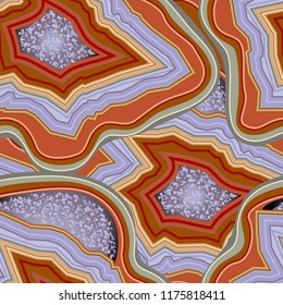Agate. Seamless Pattern. Precious stone, gemstone, mineral. Section of druses. Vector illustration. Texture of layers of stone. Geology mining science jewelry background