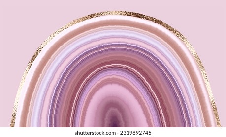 Agate slice gemstone background print design with natural mineral texture and gold border.