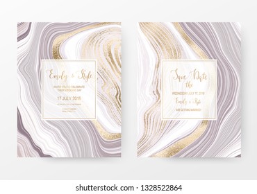 Agate slice gemstone celebration card with gold natural stone texture.