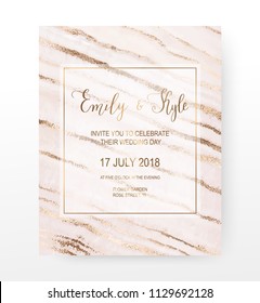 Agate slice gemstone wedding invitation card with gold diagonal veins.
