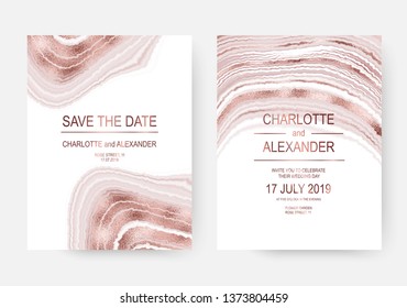 Agate slice wedding invitation design cards with rose gold stripes.