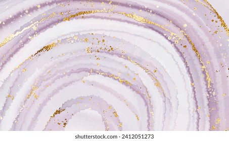 Agate stone background design with gold waves and glitter dust.