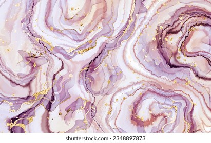 Agate stone background design texture with gold waves and splatter.