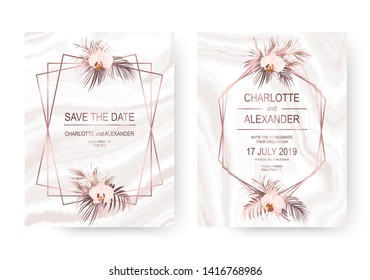 Agate stone texture celebration design cards with rose gold tropical leaves and orchid flower.