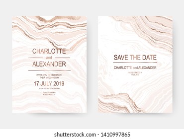 Agate stone texture wedding invitation design cards with gold stripes.