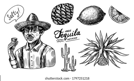 Agave Fruits, Lemon And Cactus. Farmer In A Hat With A Shot Of Tequila. Engraved Hand Drawn Vintage Sketch. Woodcut Style. Vector Illustration For Menu Or Poster.