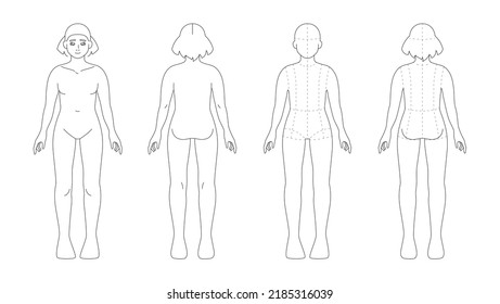 Age 11-13 years kid girl figure for kidswear sketch. Fashion template of preteen body mannequin, 7-head proportions. Front and back view