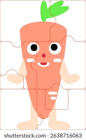 (Age: 7 years old) Puzzle grid template. Layout of a thinking mosaic game. Cute carrot character.
Puzzle play. Vector illustration of learning toys for kindergarten children. Education concept.