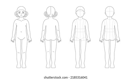 Age 7  9 years kid girl figure for kidswear sketch  Fashion template child body mannequin  5 5  head proportions  Front   back view