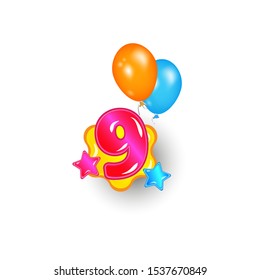 Age 9 birthday celebration sticker with colorful balloons, nine years old children party icon concept isolated on white background, vector illustration