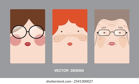 Edad Según la antigüedad Jóvenes Mujeres Viejas Gafas de Belleza Estúpido feo Lindo Aspecto Pecas Diseño de Arte Ilustración Elemento Vector
