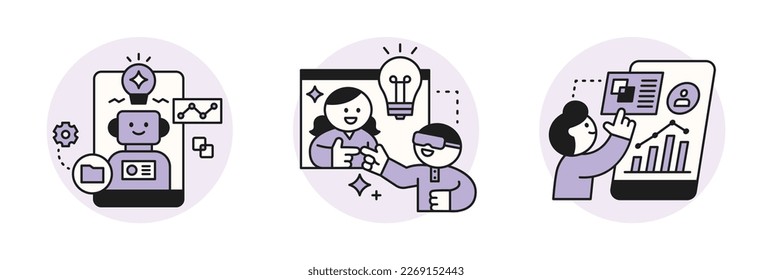 La era de la IA. La Inteligencia Encuentra Tecnología. Ilustración de concepto de negocio con personas e iconos. Gente analizando datos y compartiendo ideas.