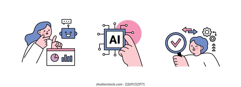 The Age of AI. Intelligence Meets Technology. Business concept illustration with people and icons. Semiconductor chips and data analysis.