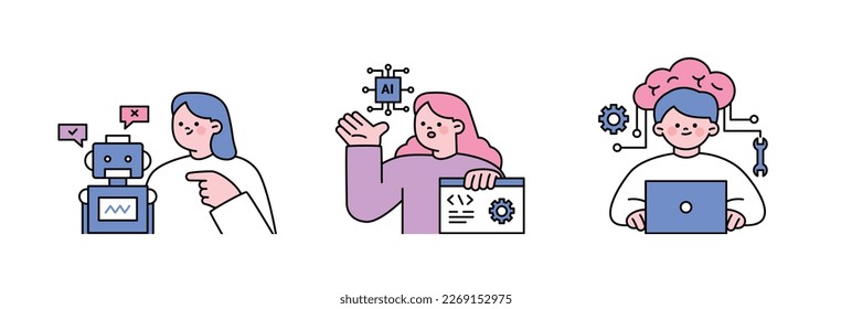 The Age of AI. Intelligence Meets Technology. Business concept illustration with people and icons. Human brain and robot talking.