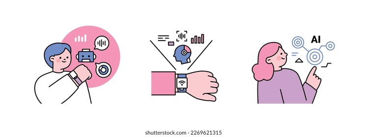 The Age of AI. Intelligence Meets Technology. Business concept illustration with people and icons. Smart Watch and Data Usage.