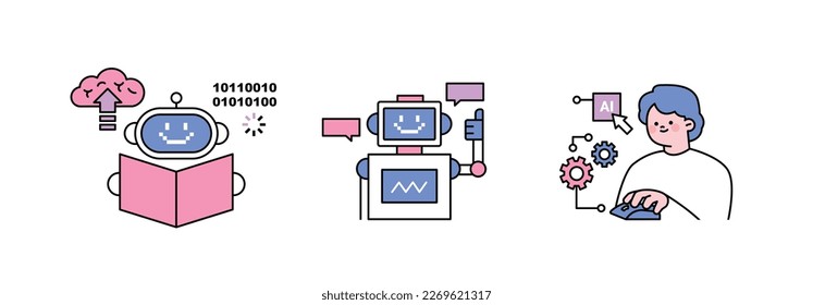 The Age of AI. Intelligence Meets Technology. Business concept illustration with people and icons. Learning and communication through books.