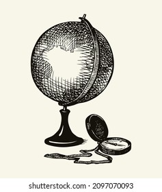 Age antique ocean land data teach circle clock ball model guide view white paper text space backdrop. Outline black hand drawn office object icon sign logo design concept ancient art doodle line style