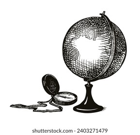 Age antique ocean land data teach circle clock ball model guide view white paper text space backdrop. Outline black hand drawn office object icon sign logo design concept ancient art doodle line style
