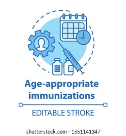 Age appropriate immunizations concept icon. Vaccination schedule idea thin line illustration. Healthcare, syringe, medicare. Medication timing. Vector isolated outline drawing. Editable stroke