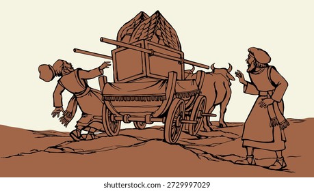 Alter Bogen Altar Box Engel fahren Rad dray Wagen Fahrzeug brechen männlichen Weg Straße Weg Himmel. Juden versuchen Hilfe Judentum handgezeichnete Retro-Gold hoch Moses Gesetz Torah David Kleid Tuch sterben Feuer verbrennen Skizze Kunst Stil
