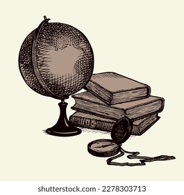 Age atlas explore chart data scroll sheet white text space backdrop. Outline black ink pen hand drawn note pad tool object emblem banner concept design ancient time clock art cartoon doodle line style