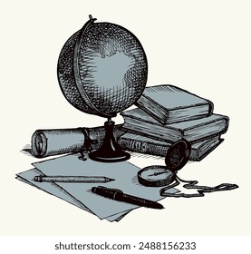 Age atlas explore chart data scroll sheet white text space backdrop. Outline black ink pen hand drawn note pad tool object emblem banner concept design ancient time clock art cartoon doodle line style