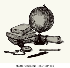 Age atlas explore chart data scroll sheet white text space backdrop. Outline black ink pen hand drawn note pad tool object emblem banner concept design ancient time clock art cartoon doodle line style