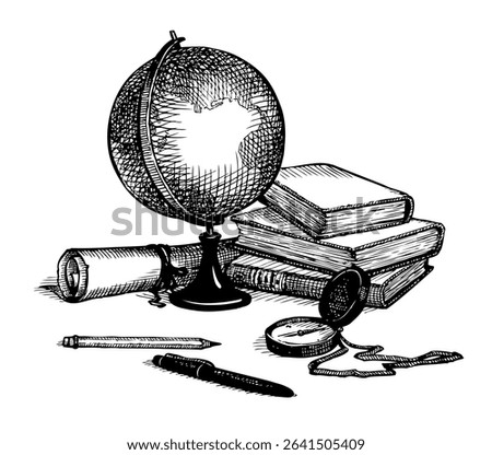 Age atlas explore chart data scroll sheet white text space backdrop. Outline black ink pen hand drawn note pad tool object emblem banner concept design ancient time clock art cartoon doodle line style