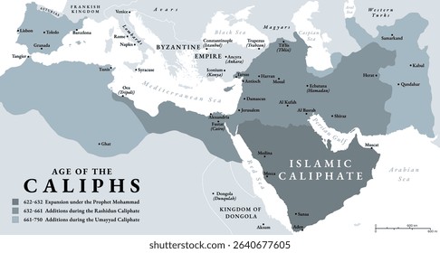 The age of the Caliphs, history map of the Islamic Caliphate from 622 to 750. The expansion under the Prophet Mohammad, with additions during the Rashidun Caliphate and the Umayyad Caliphate. Vector