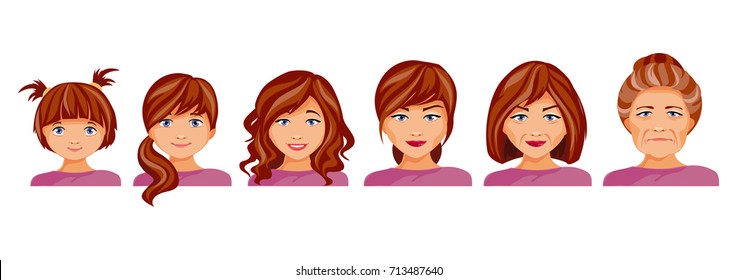 Age categories of women. Childhood, adolescence, adolescence, maturity and old age. The aging process. Vector illustration