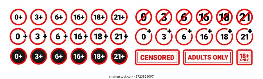 Iconos de censura de Edad. Signos de límite de Edad. Insignias circulares con restricciones numéricas. Símbolos de clasificación de Edad 18, 16. Video Símbolo de censura para medios, películas, juegos. Conjunto de Vector.