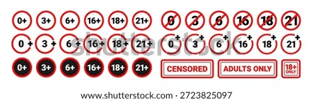 Age censor icons. Age limit signs. Circular badges with numeric restrictions. Age rating symbols 18, 16. Censorship symbol for media, films, video games. Vector set.