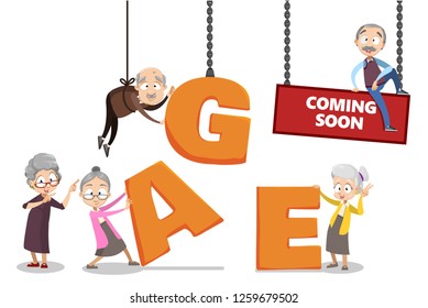 Age coming soon poster vector illustration. Template with cartoon old women and men adding inscription with big letters. Retirement and planning savings concept