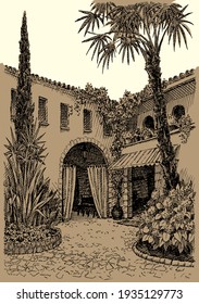 Age cozy jewish african arch door abode dwell scenic view white sky text space backdrop. Outline black pen hand drawn urban israel town travel rose cypress scene art retro jew doodle line vector style