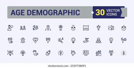 Age Demographic icons set. Contains related to childhood, rate, grow, people, person, lead, young, girl. Outline icon. Solid line editable stroke.