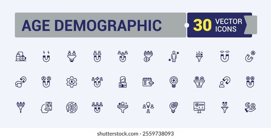 Age Demographic icons set. Contains related to childhood, rate, grow, people, person, lead, young, girl. Outline icon. Solid line editable stroke.