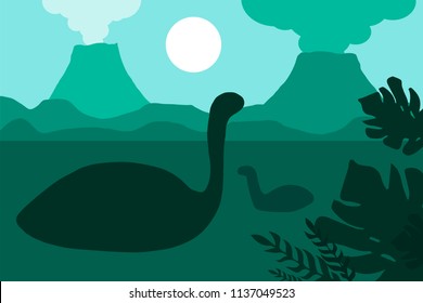 Age of dinosaurs in silhouettes. The natural landscape with the volcanoes and the sea. Tropical ocean shore. Mesozoic era. Green colors. Vector
