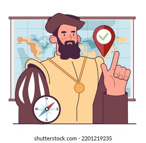 Age of Discovery. Early modern period, seafaring Europeans explored regions across the globe. World map expanding, Flat vector illustration.