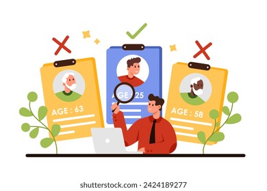 Age discrimination, ageism problem of society. Tiny HR manager with prejudice towards older candidates for vacancy, studying resume of employees through magnifying glass cartoon vector illustration