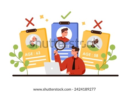 Age discrimination, ageism problem of society. Tiny HR manager with prejudice towards older candidates for vacancy, studying resume of employees through magnifying glass cartoon vector illustration