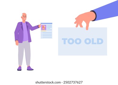Age discrimination concept. Elderly candidate holds resume. Vector illustration.