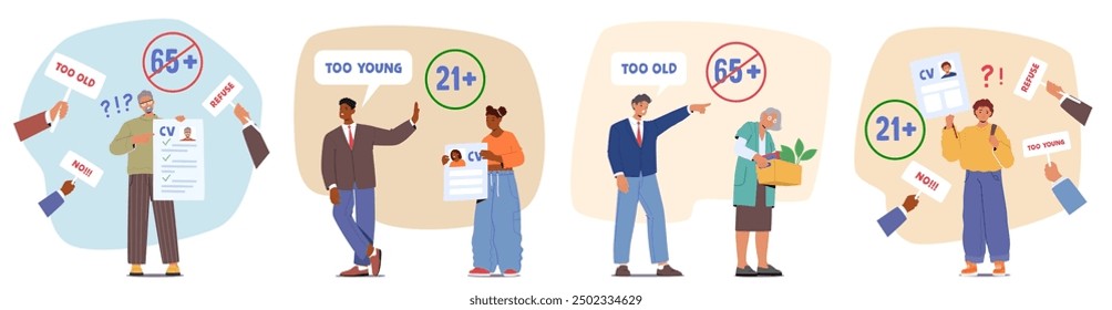 Age Discrimination During The Hiring Process. Image Depicts Job Applicants Being Judged For Being Too Old Or Too Young Based On Their Age And Cv. Concept Of Ageism, Employment, And Workplace Challenge