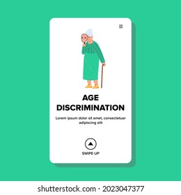 Age Discrimination Employee Lady In Office Vector. Age Discrimination Colleague Worker Woman In Company, Lady Senior Hold Mask With Young Face. Character Web Flat Cartoon Illustration