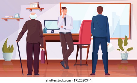 Age discrimination flat background with elderly and young man in office vector illustration