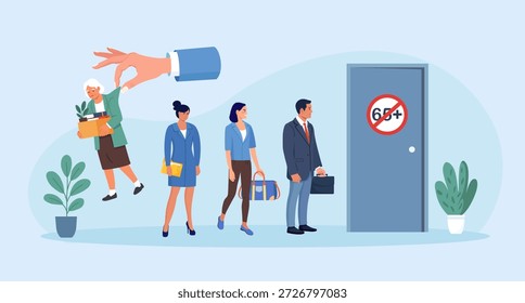 Discriminación por Edad en el lugar de trabajo. Reemplazo de empleados por jubilación, despido. Rotación de la fuerza laboral. Mano del jefe arrojando a una persona mayor de 65 años fuera de la oficina. Pensionistas, despido laboral, edadismo