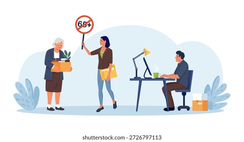 Age discrimination at workplace. Replacement of employees due to retirement, dismissal. Job rotation. Workforce turnover. Boss dismissing older person over 65. Ageism, job termination among pensioners
