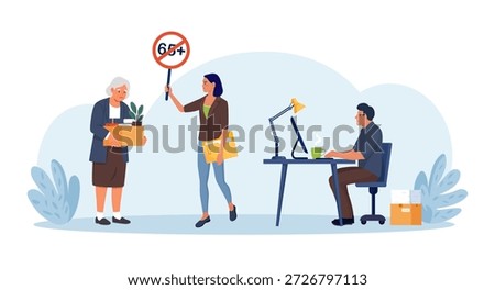 Age discrimination at workplace. Replacement of employees due to retirement, dismissal. Job rotation. Workforce turnover. Boss dismissing older person over 65. Ageism, job termination among pensioners