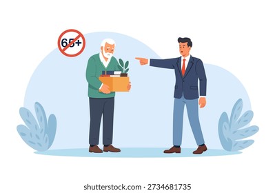 Age discrimination at workplace. Senior person being fired over their age. Younger boss dismissing older employee over 65. Ageism and job termination among pensioners. Retirement