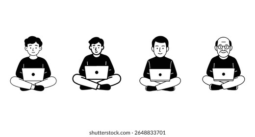 Age diversity concept with characters using laptops in a simple seated pose line drawing Boy, teen, adult, and senior